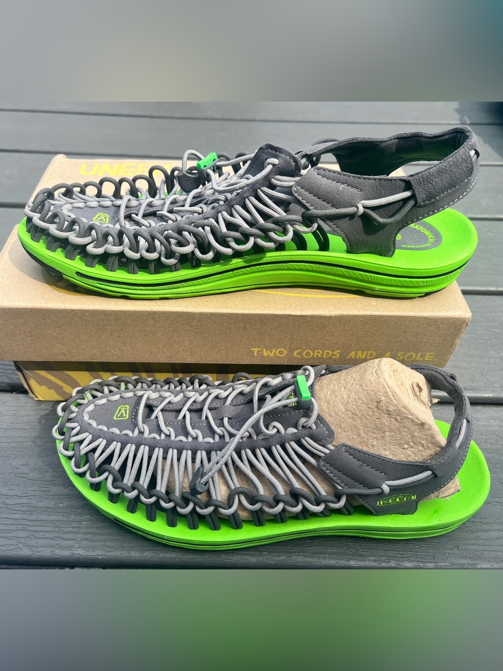 Keen Uneek Men's Grey and Neon Green Woven Hybrid Sandals